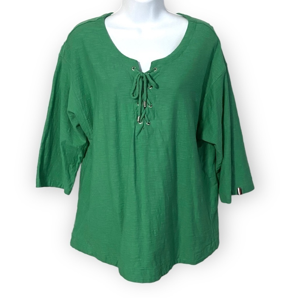 Tommy Hilfiger Green Lace-up Top Sz Large Cotton Shirt Boho Flowy Relaxed